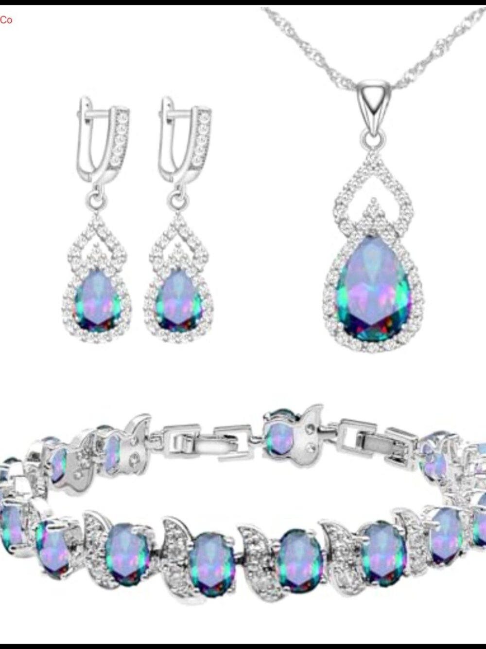 Platinum Plated Teardrop Jewelry Set Necklace Earrings Bracelet Cubic Zirconia